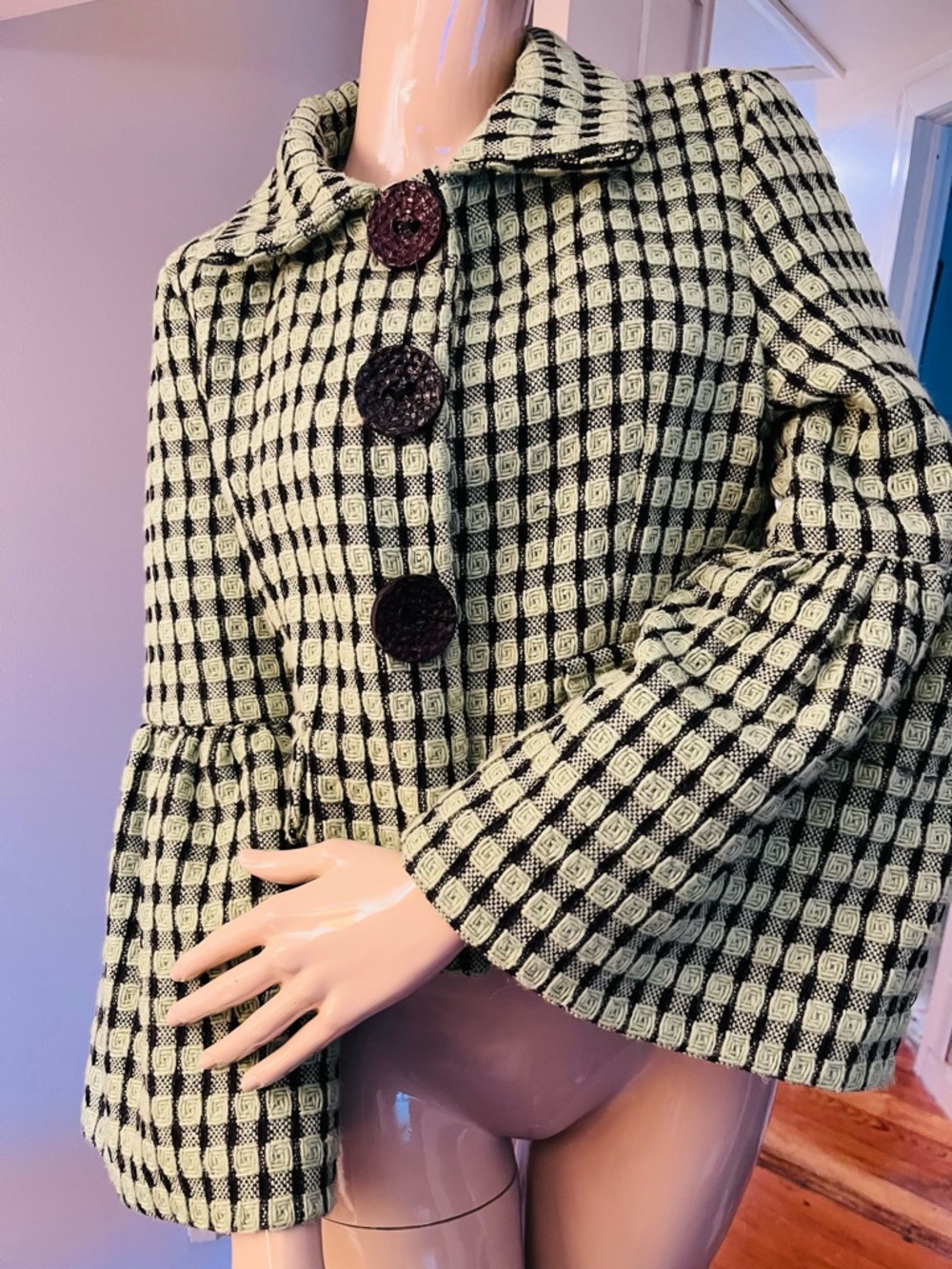 Checked Bell-Sleeve Jacket in Soft Sage & Black